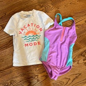2 piece, Cat and Jack one piece swimsuit and Old Navy rashguard (sz. 8)